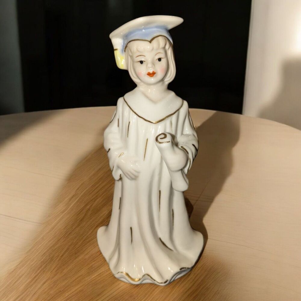 Girl Graduate Figurine Vintage 1950s Ceramic Bisque Pastel 8" Blonde